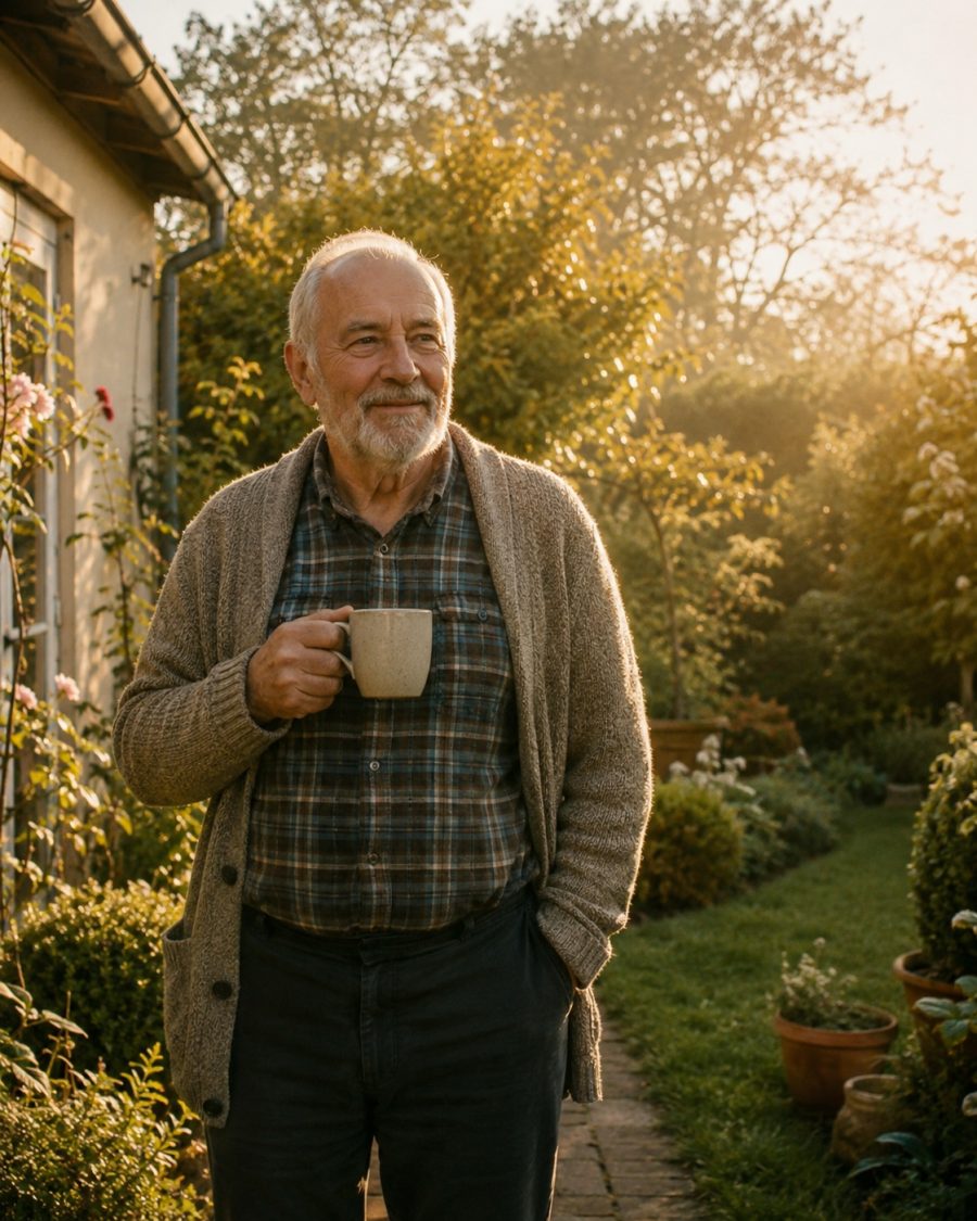 Homme âgé serein dans son jardin au petit matin, une tasse de café à la main.